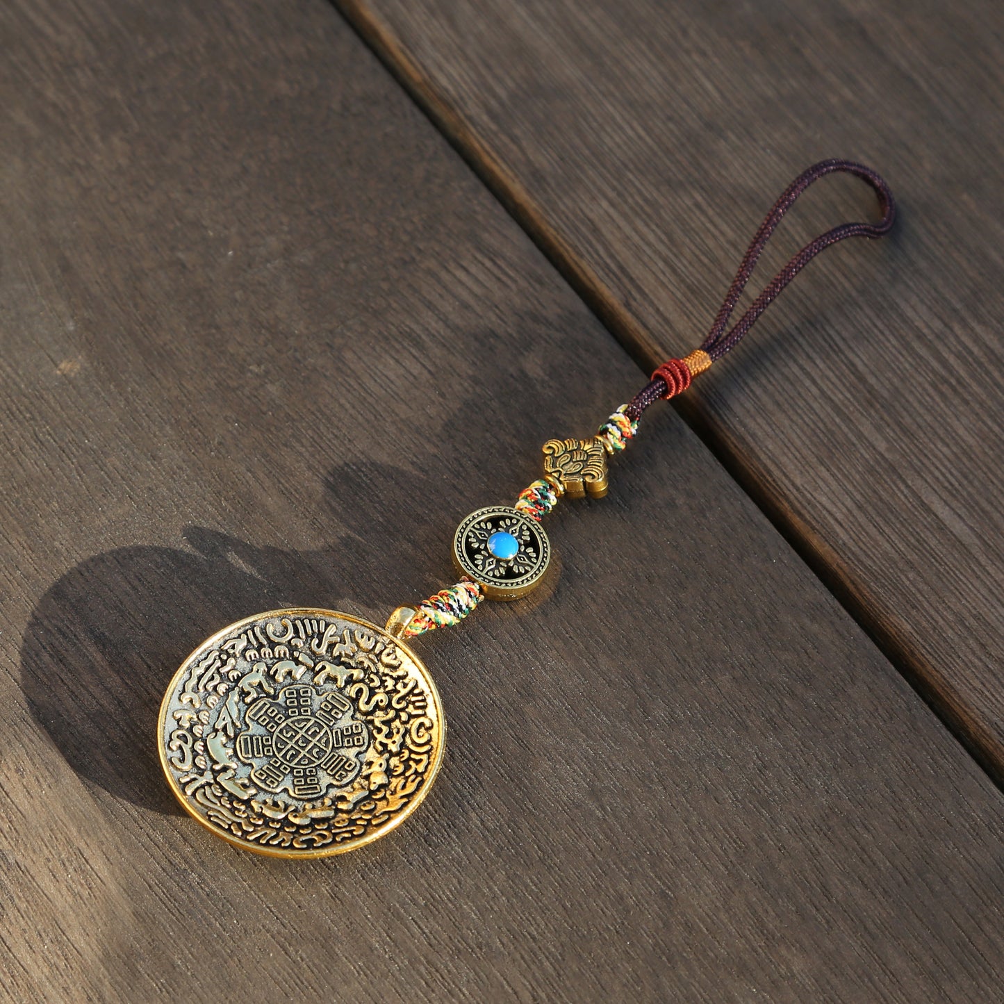 Gold Color Large Tibetan Talisman & Ashtamangala Protection Charm Keychain Lanyard, Chinese Bagua Car Charm (T)