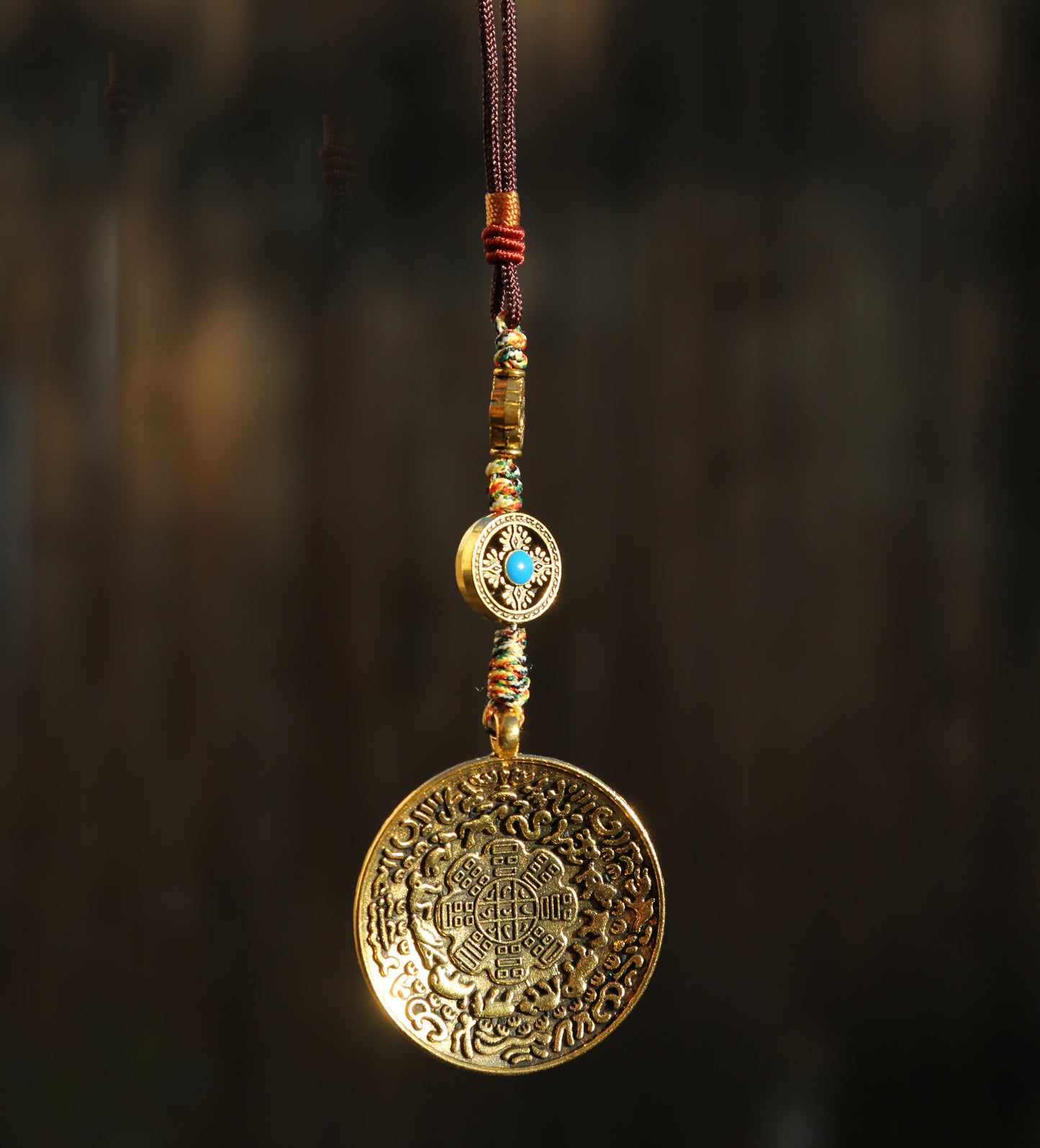 Gold Color Large Tibetan Talisman & Ashtamangala Protection Charm Keychain Lanyard, Chinese Bagua Car Charm (T)
