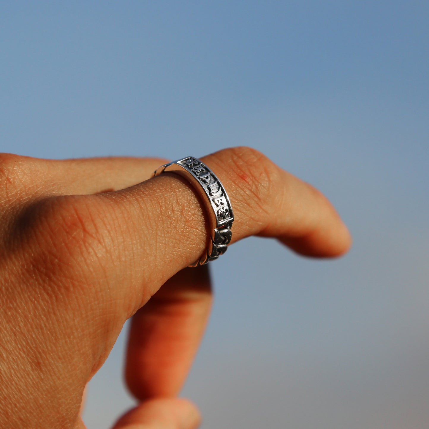 Adjustable Chain-style Buddhism Prayer Symbol Sterling Silver Ring, Tibetan Buddhist Ring, Mens Ring, Meditation Om Ring, Chinese (S)