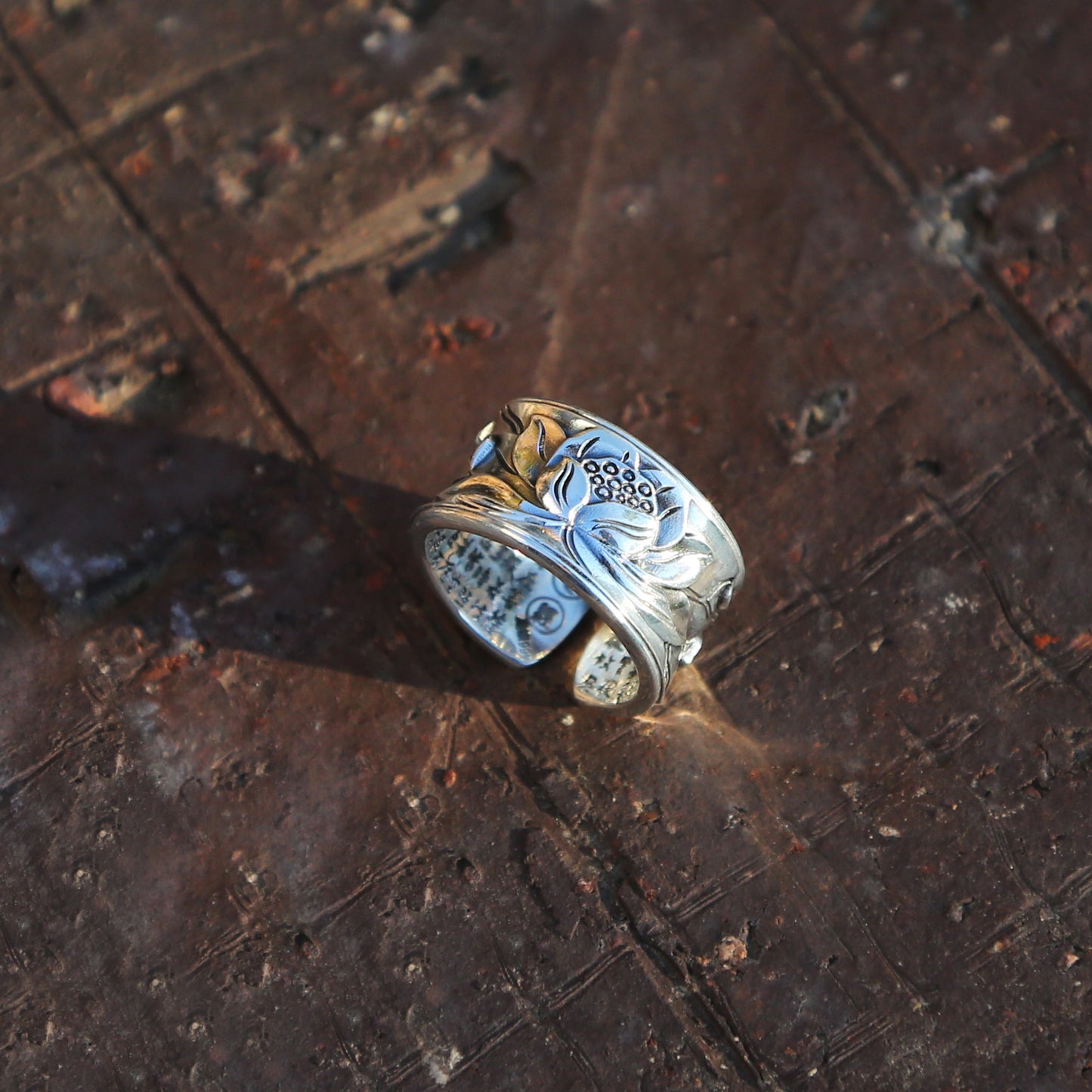 Shiny Glossy Lotus with Buddhist Sutra Adjustable Silver Ring, Tibetan Buddhist Ring, Om Ring (S)