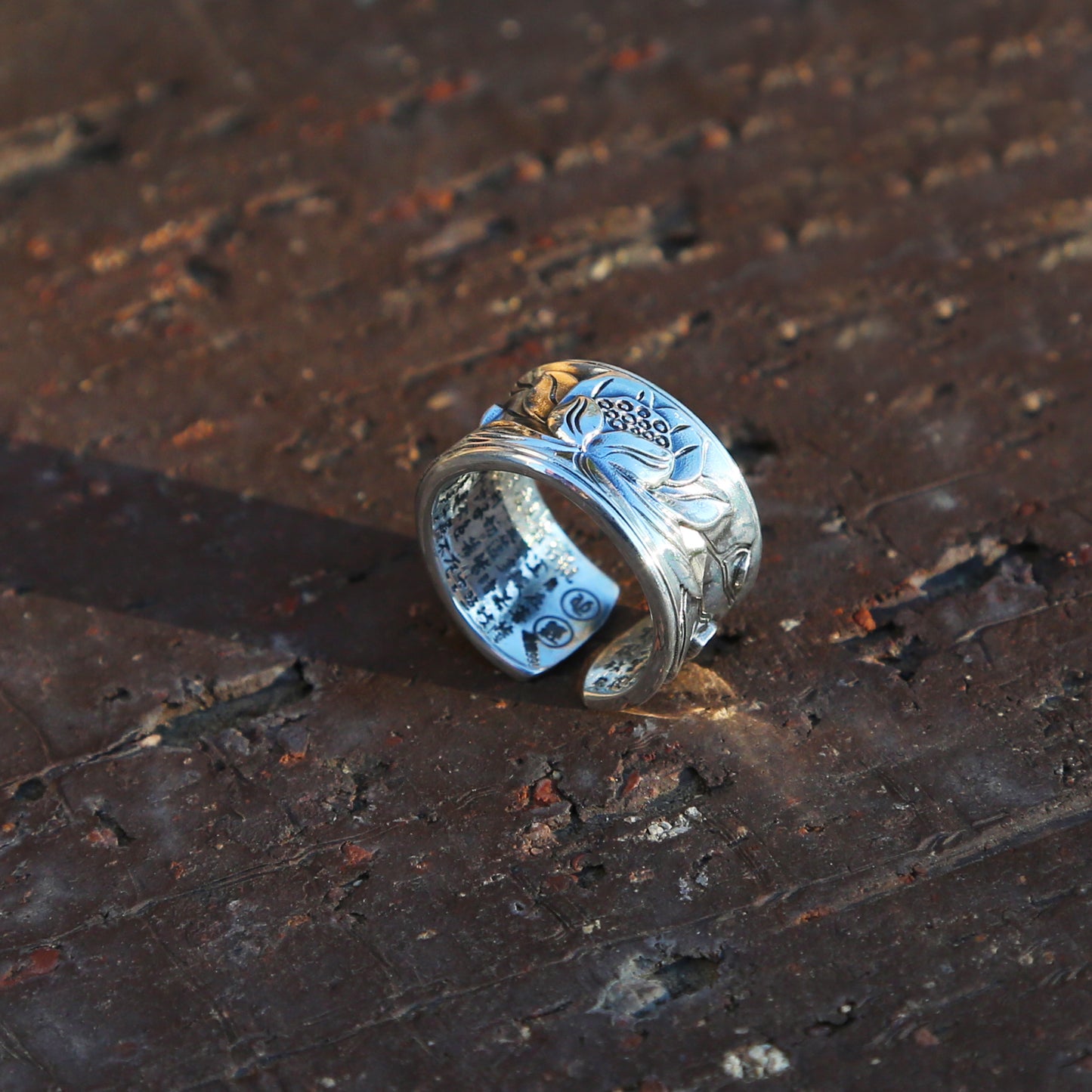 Shiny Glossy Lotus with Buddhist Sutra Adjustable Silver Ring, Tibetan Buddhist Ring, Om Ring (S)
