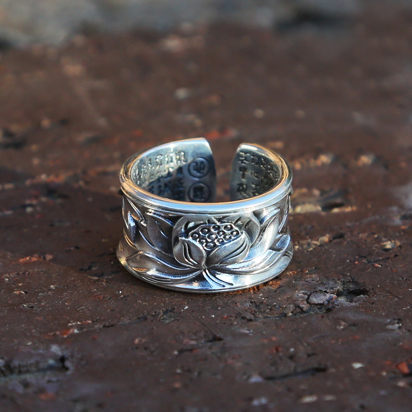 Shiny Glossy Lotus with Buddhist Sutra Adjustable Silver Ring, Tibetan Buddhist Ring, Om Ring (S)