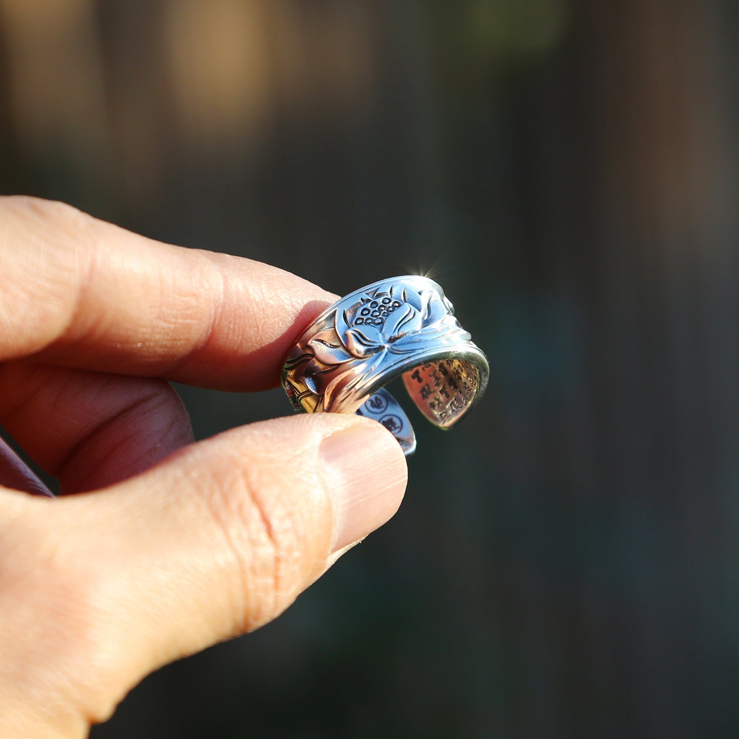 Shiny Glossy Lotus with Buddhist Sutra Adjustable Silver Ring, Tibetan Buddhist Ring, Om Ring (S)