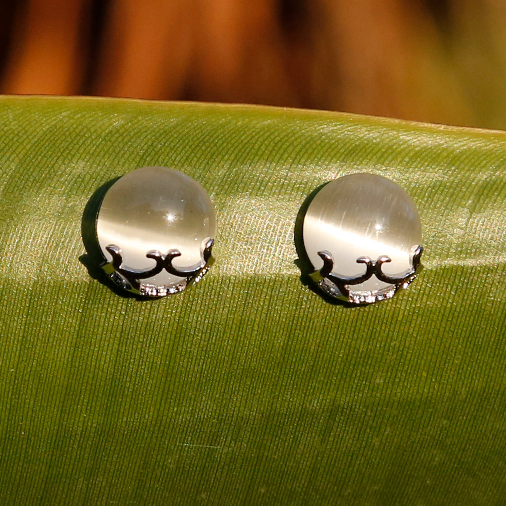 Cat Eye Sterling Silver Stud Earrings, Bohemian Style Simple Vintage Gem Stone Earrings - ZentralDesigns
