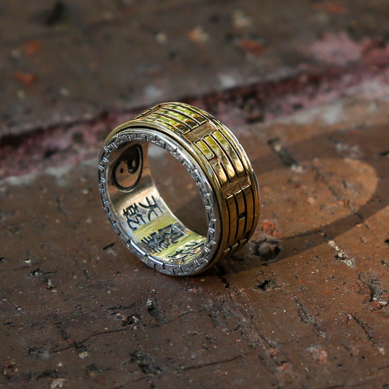 Dual Color Yin Yang Brass and Sterling Silver Spinner Ring, Taoist Ba Gua Ring - ZentralDesigns