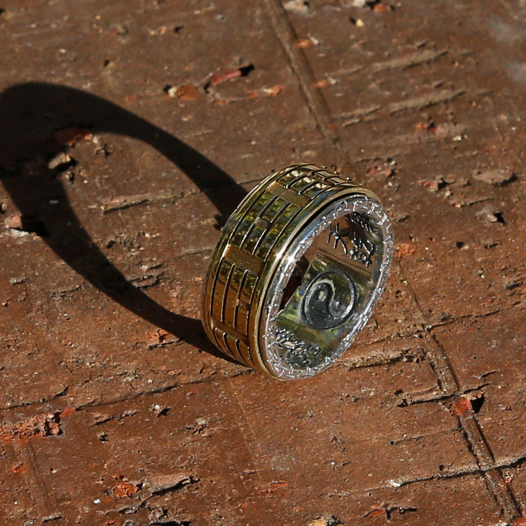 Dual Color Yin Yang Brass and Sterling Silver Spinner Ring, Taoist Ba Gua Ring - ZentralDesigns