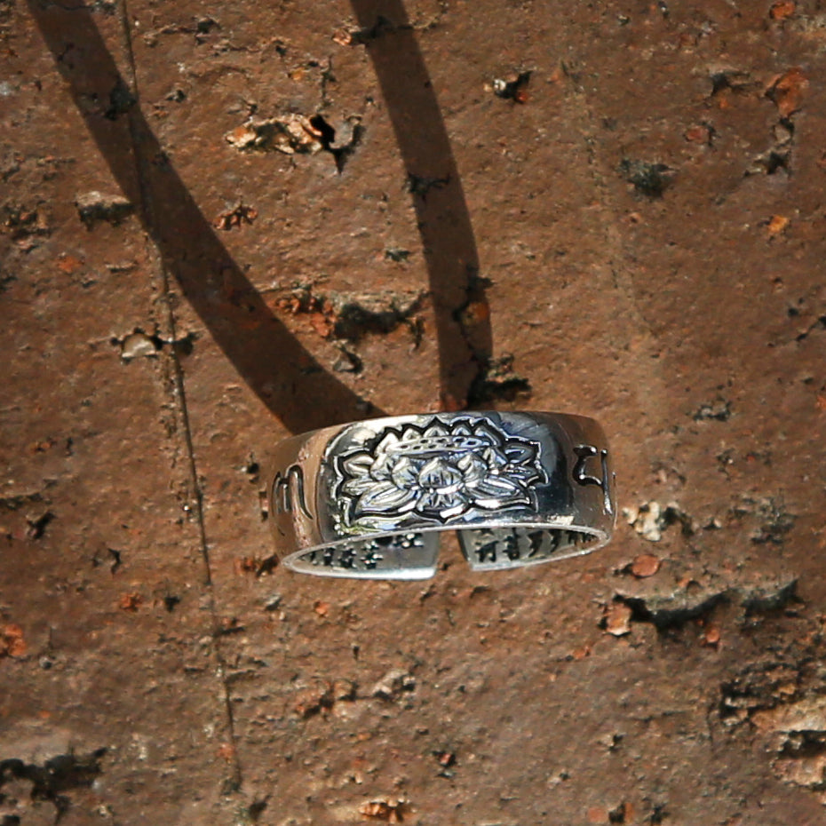 Lotus with Buddhist Prayers Adjustable Sterling Silver Ring, Tibetan Buddhism Ring - ZentralDesigns