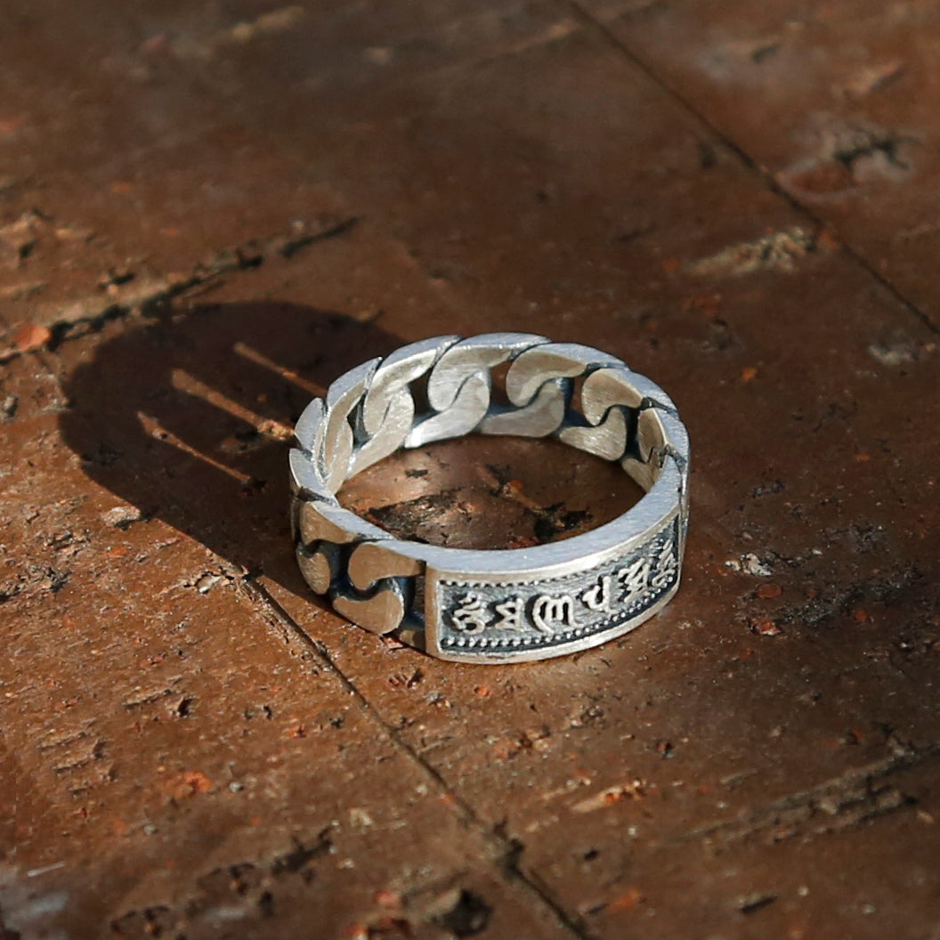 Chain-style Tibetan Prayers Symbols Buddhism Sterling Silver Ring, Buddhist Mens Ring - ZentralDesigns