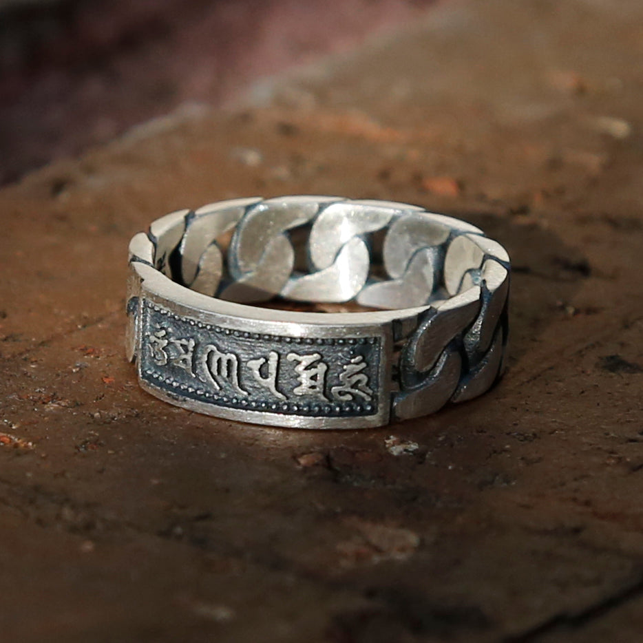 Chain-style Tibetan Prayers Symbols Buddhism Sterling Silver Ring, Buddhist Mens Ring - ZentralDesigns