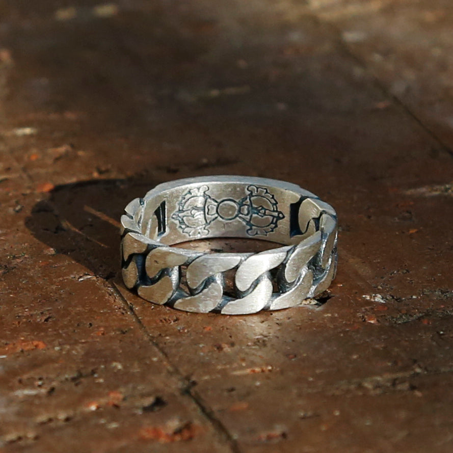 Chain-style Tibetan Prayers Symbols Buddhism Sterling Silver Ring, Buddhist Mens Ring - ZentralDesigns