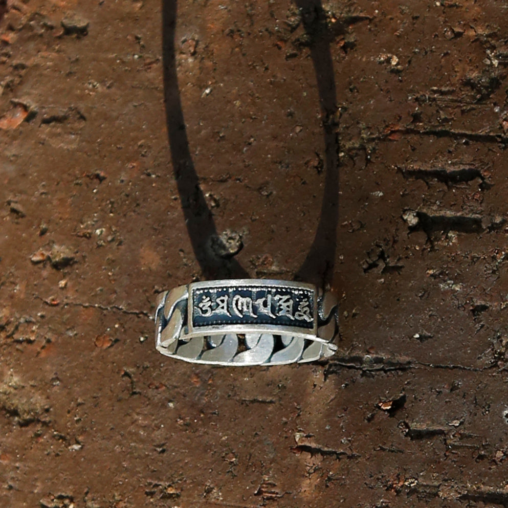 Chain-style Tibetan Prayers Symbols Buddhism Sterling Silver Ring, Buddhist Mens Ring - ZentralDesigns