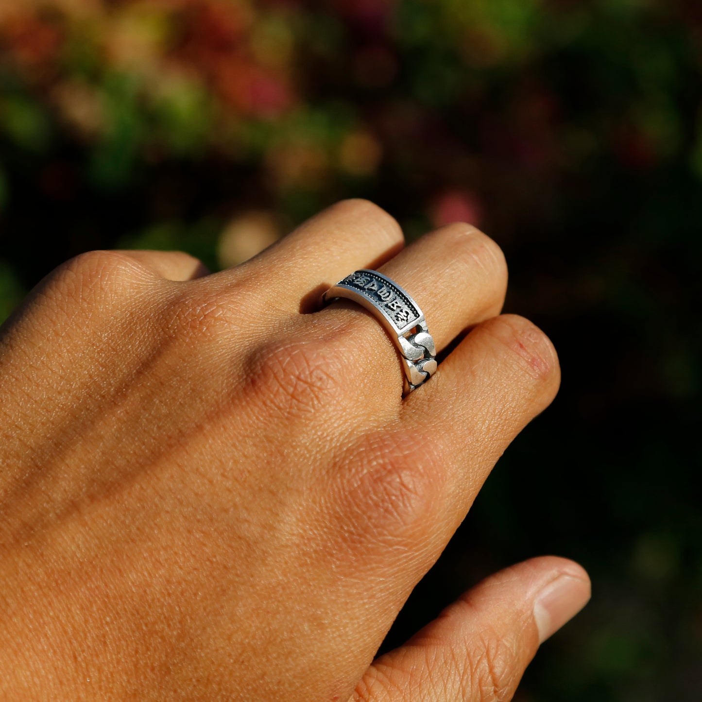 Chain-style Tibetan Prayers Symbols Buddhism Sterling Silver Ring, Buddhist Mens Ring - ZentralDesigns