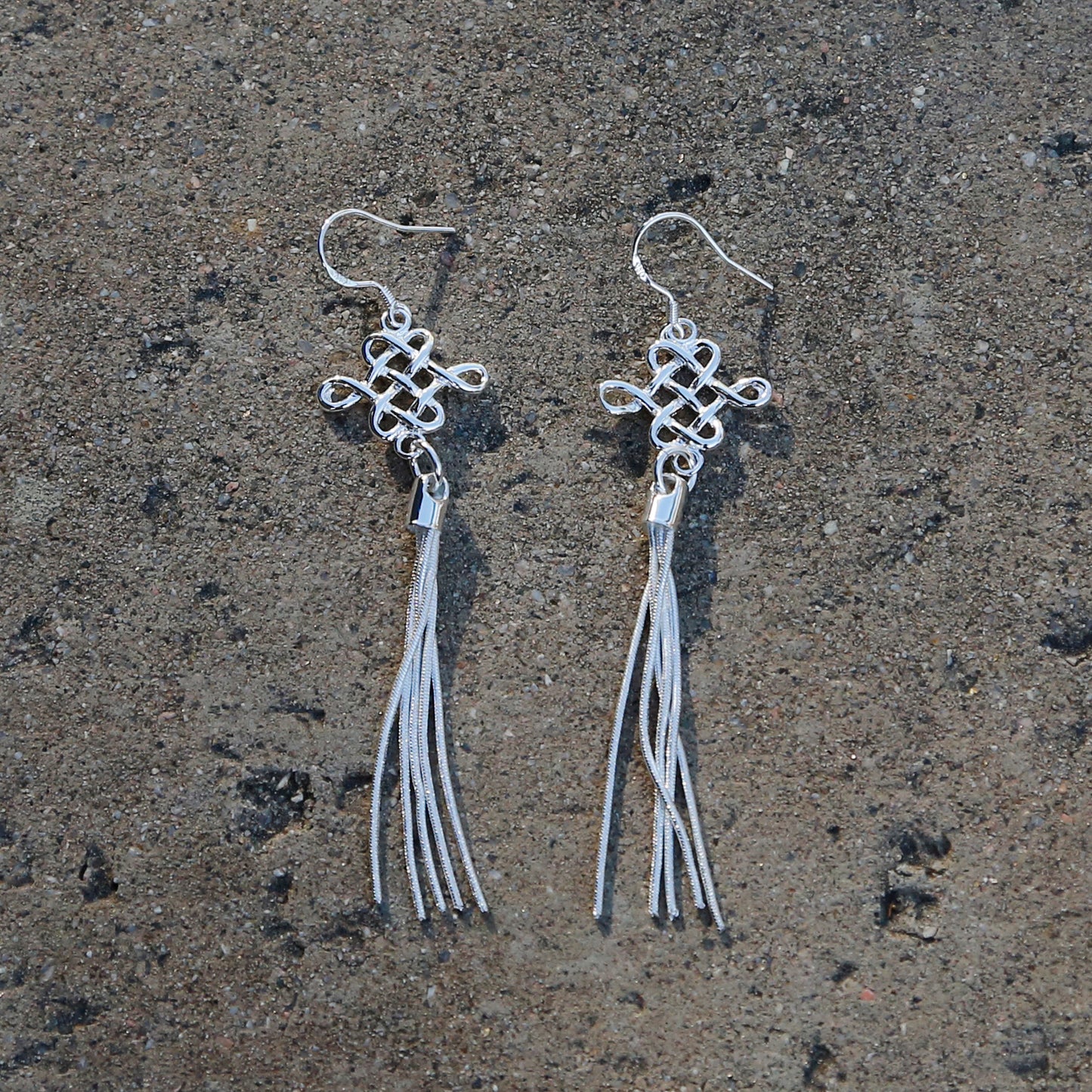 Chinese Lucky Knot Boho Chic Dangle and Drop Silver Earrings - ZentralDesigns