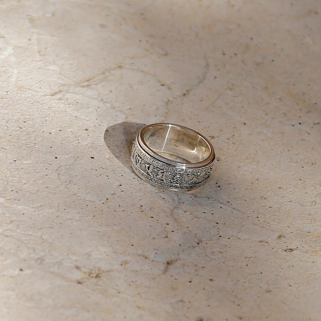 Tibetan Buddhist Symbol Vajra & Prayers Sterling Silver Spinner Ring, Mens Meditation Ring - ZentralDesigns