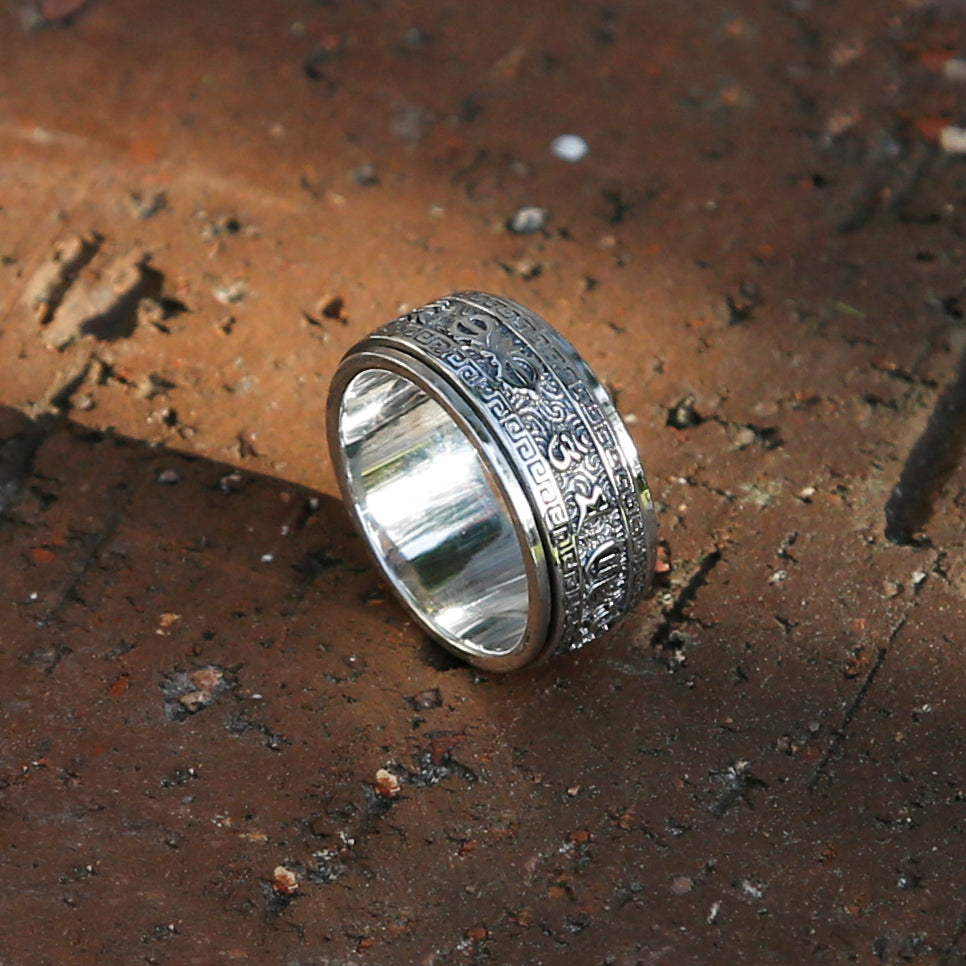 Tibetan Buddhist Symbol Vajra & Prayers Sterling Silver Spinner Ring, Mens Meditation Ring - ZentralDesigns