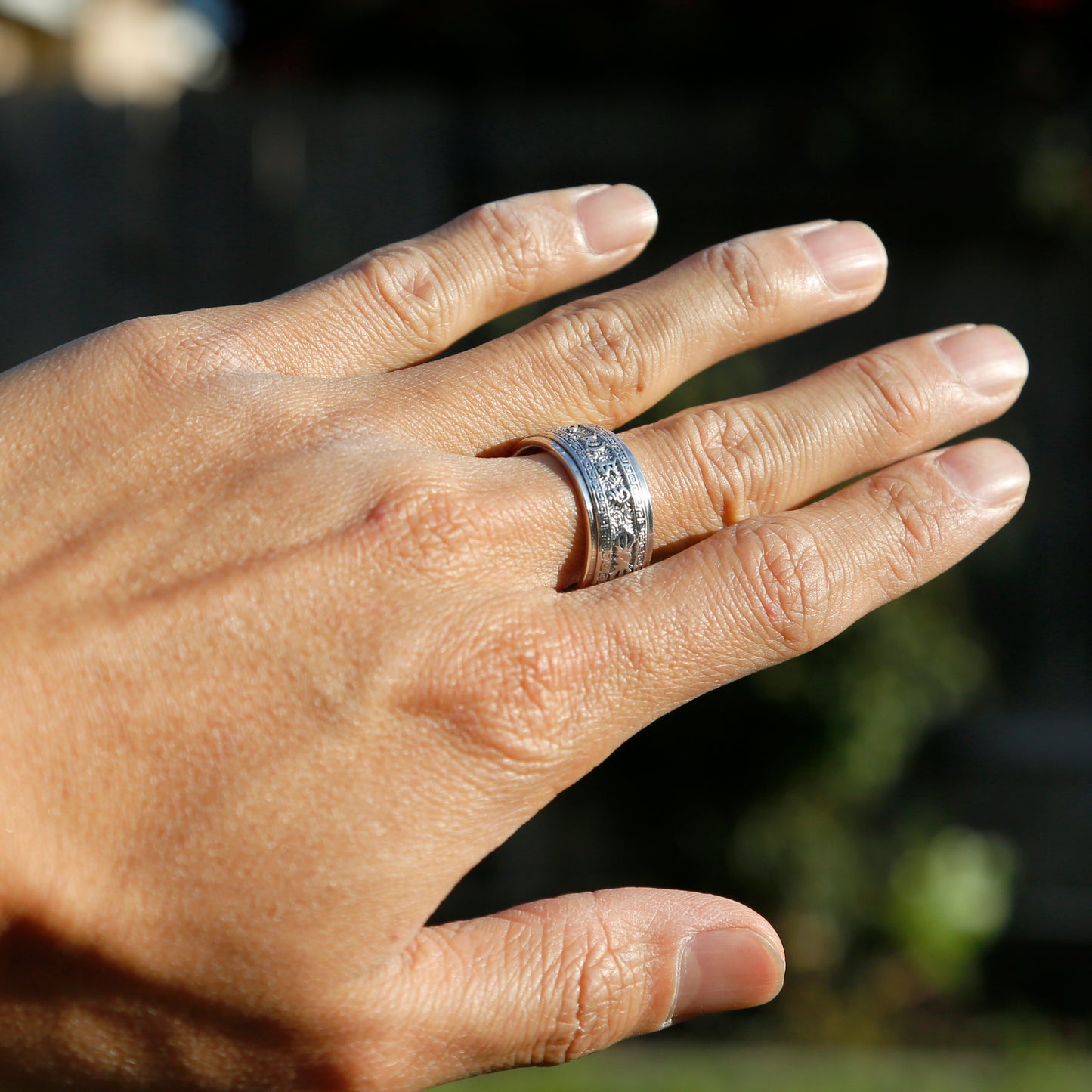 Tibetan Buddhist Symbol Vajra & Prayers Sterling Silver Spinner Ring, Mens Meditation Ring - ZentralDesigns