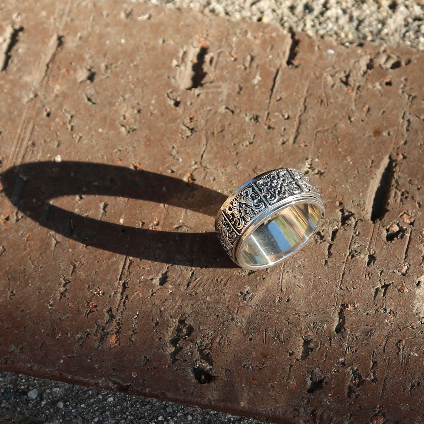 Embossed Tibetan Ashtamangala Sterling Silver Spinner Ring, Eight Auspicious Symbols Ring - ZentralDesigns