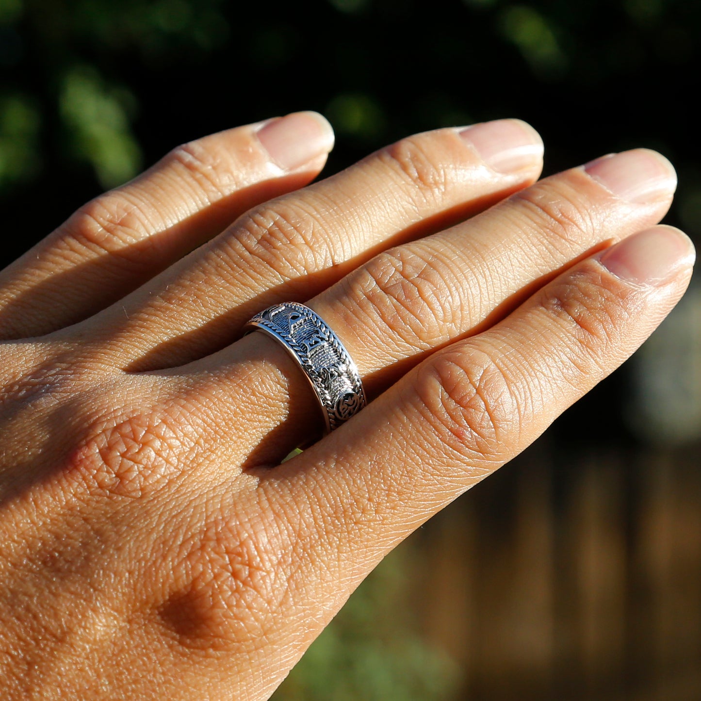 Embossed Buddhist Prayers and Swastika Sterling Silver Ring, Buddhism Symbols Mens Om Ring - ZentralDesigns