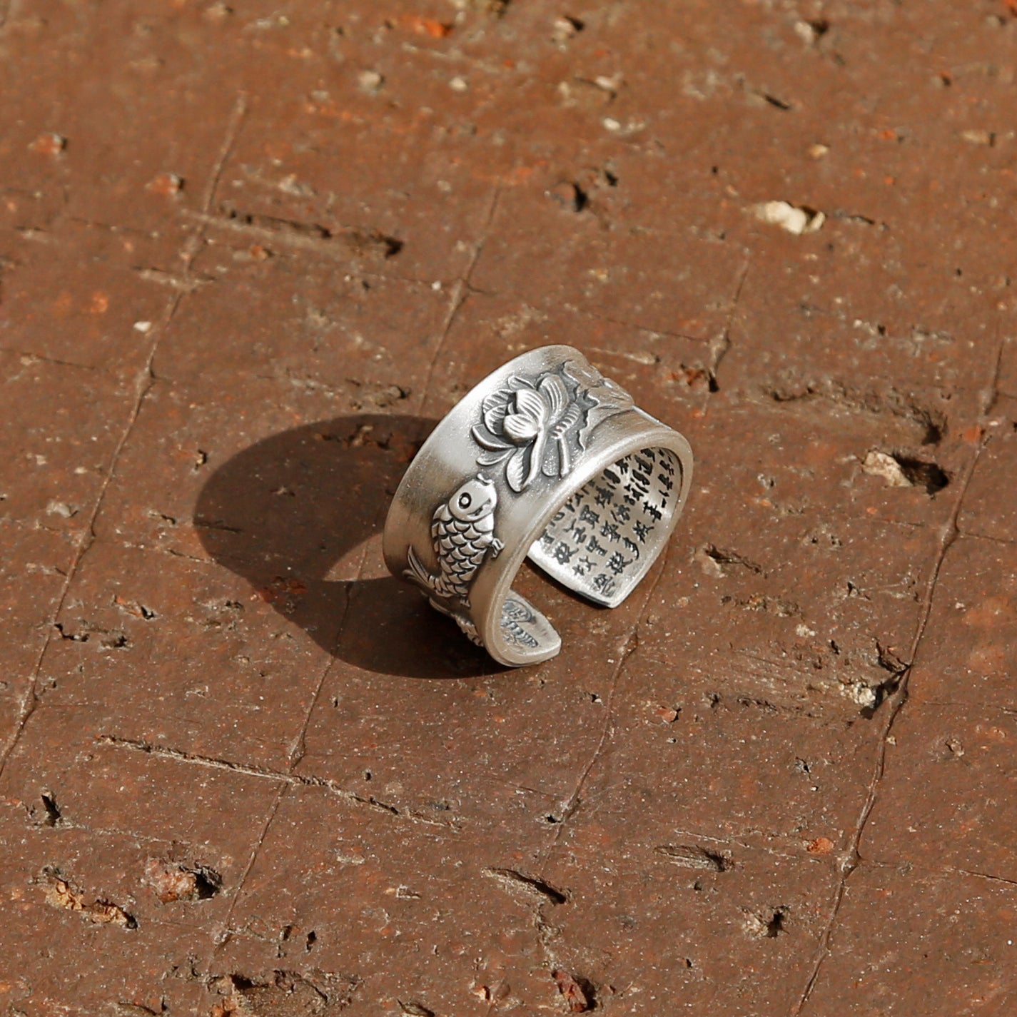 Vintage Style Engraved Lotus & Fish Adjustable Silver Ring, Buddhist Sutra Mens Ring - ZentralDesigns