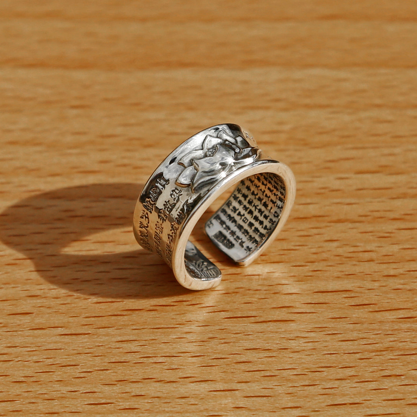 Engraved Lotus with Buddhist Sutra Adjustable Sterling Silver Ring, Tibetan Buddhist Ring, Meditation Ring - ZentralDesigns