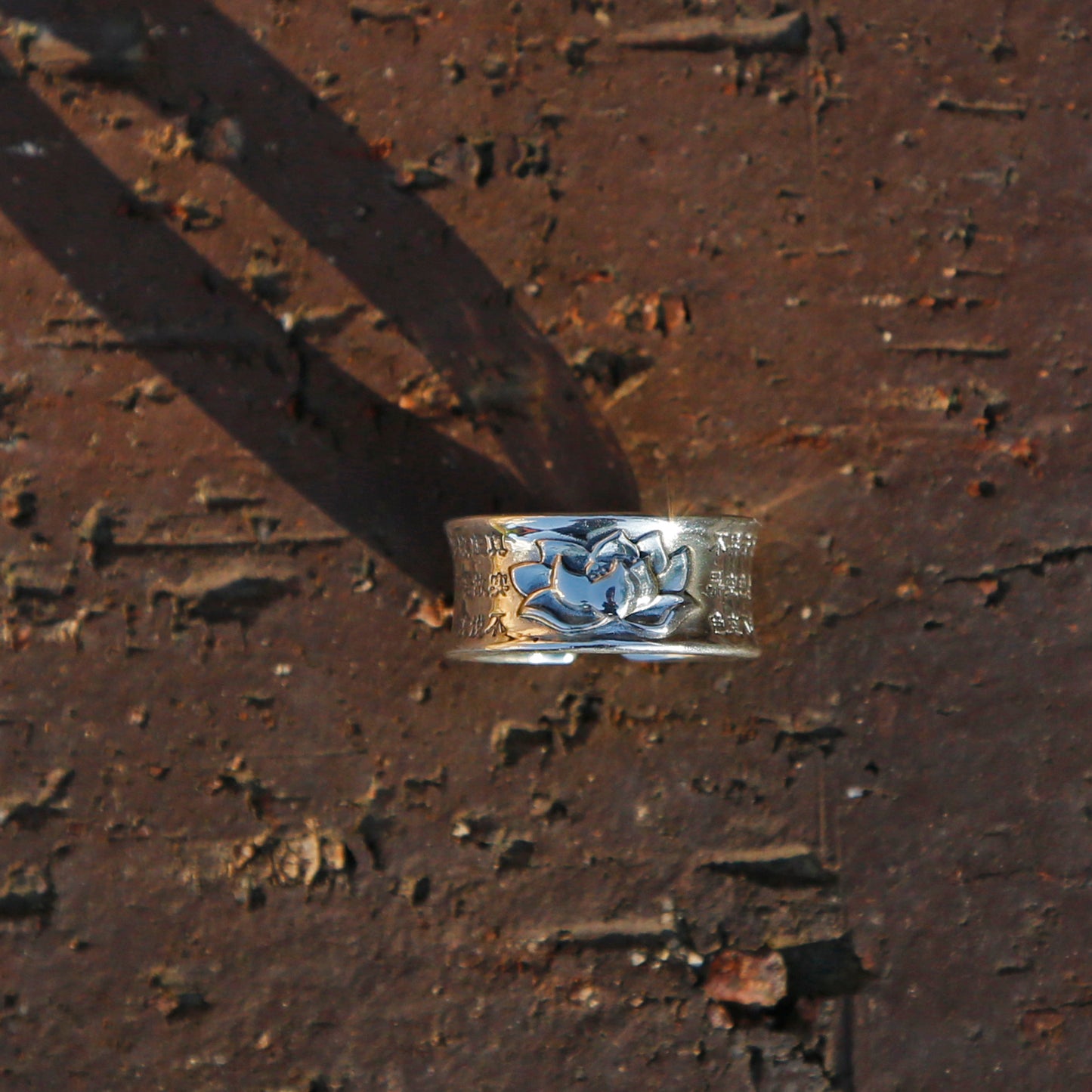 Engraved Lotus with Buddhist Sutra Adjustable Sterling Silver Ring, Tibetan Buddhist Ring, Meditation Ring - ZentralDesigns