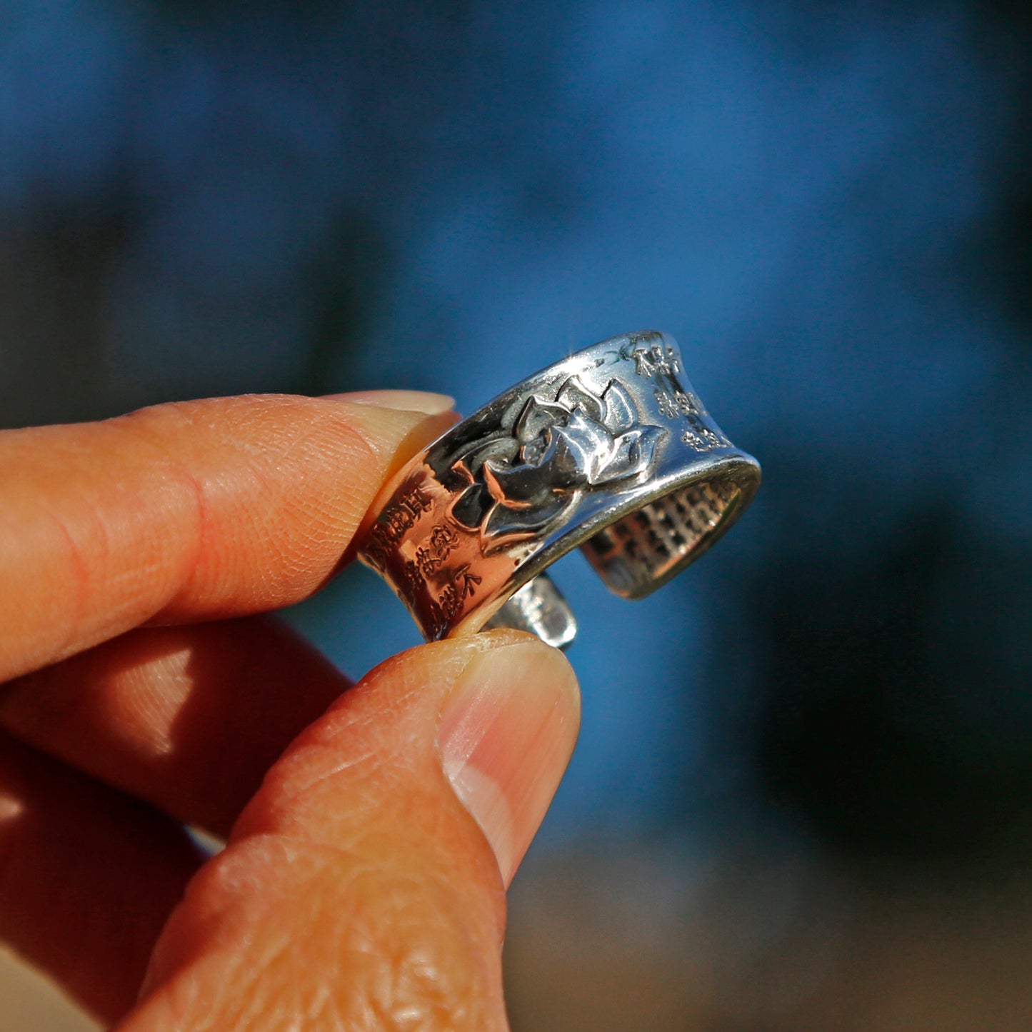 Engraved Lotus with Buddhist Sutra Adjustable Sterling Silver Ring, Tibetan Buddhist Ring, Meditation Ring - ZentralDesigns