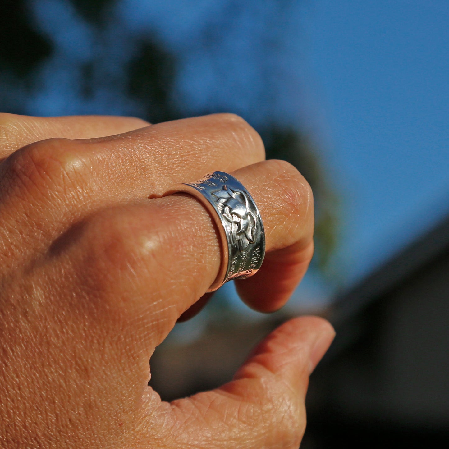 Engraved Lotus with Buddhist Sutra Adjustable Sterling Silver Ring, Tibetan Buddhist Ring, Meditation Ring - ZentralDesigns