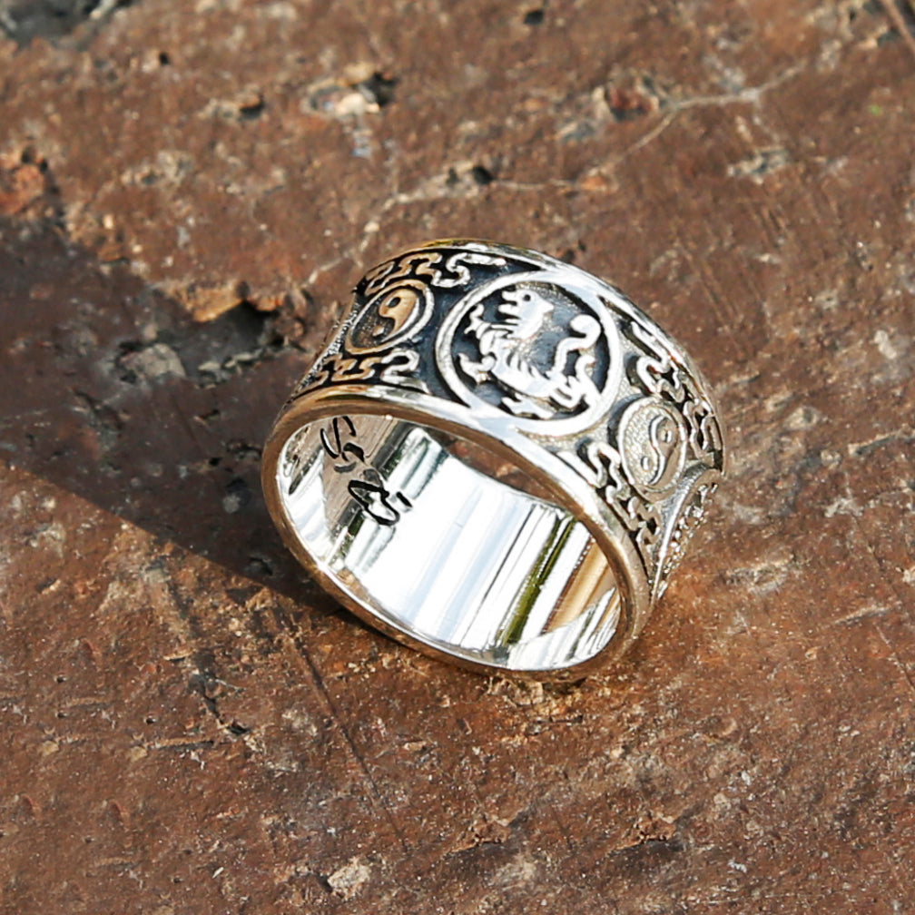 Yin Yang Dragon Sterling Silver Mens Ring, Meditation Ring.