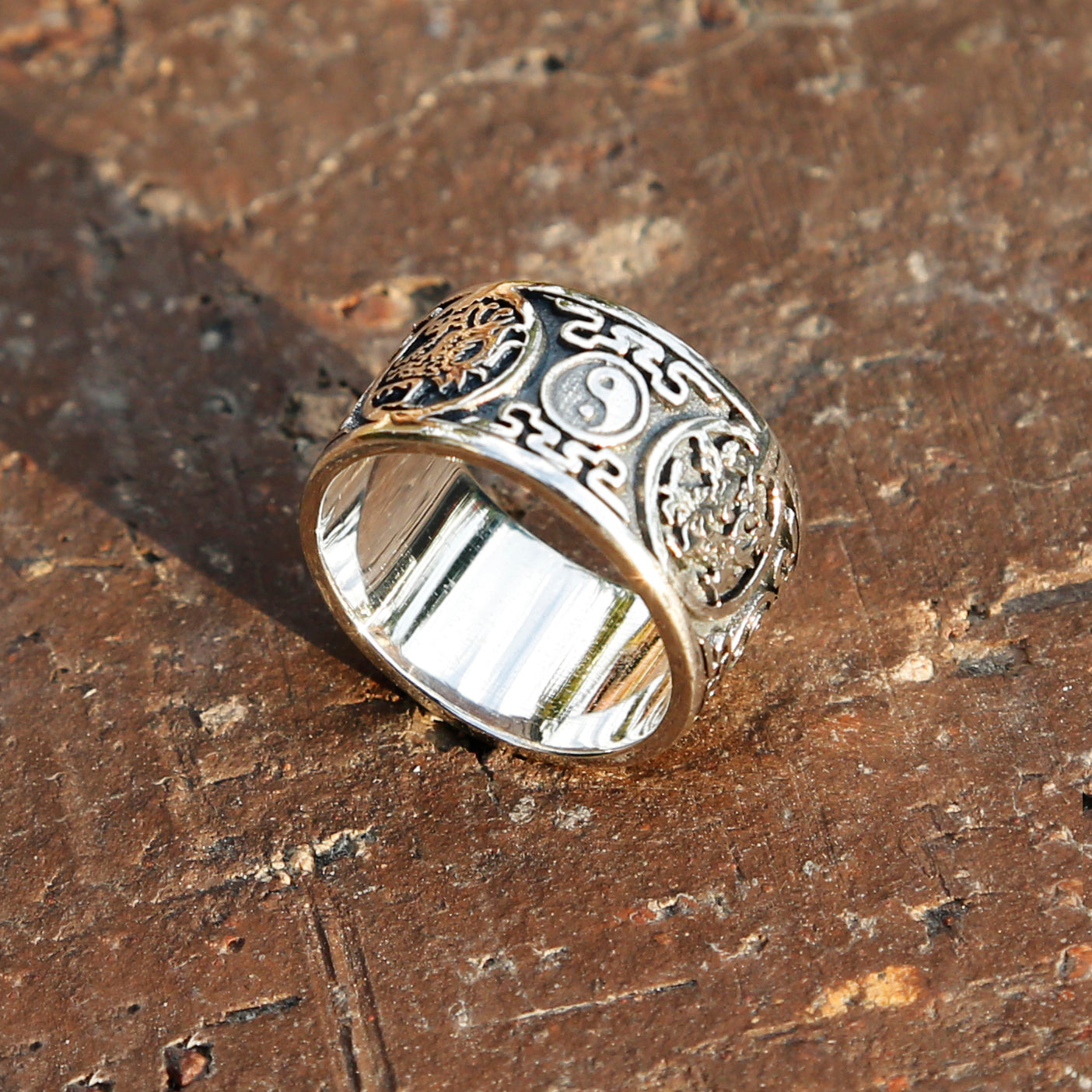 Yin Yang Dragon Sterling Silver Mens Ring, Meditation Ring.
