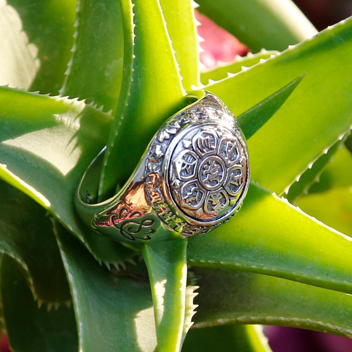 Guan Yin Bodhisattva Buddhist Prayers Symbols Sterling Silver Ring, Tibetan Buddhist Ring.