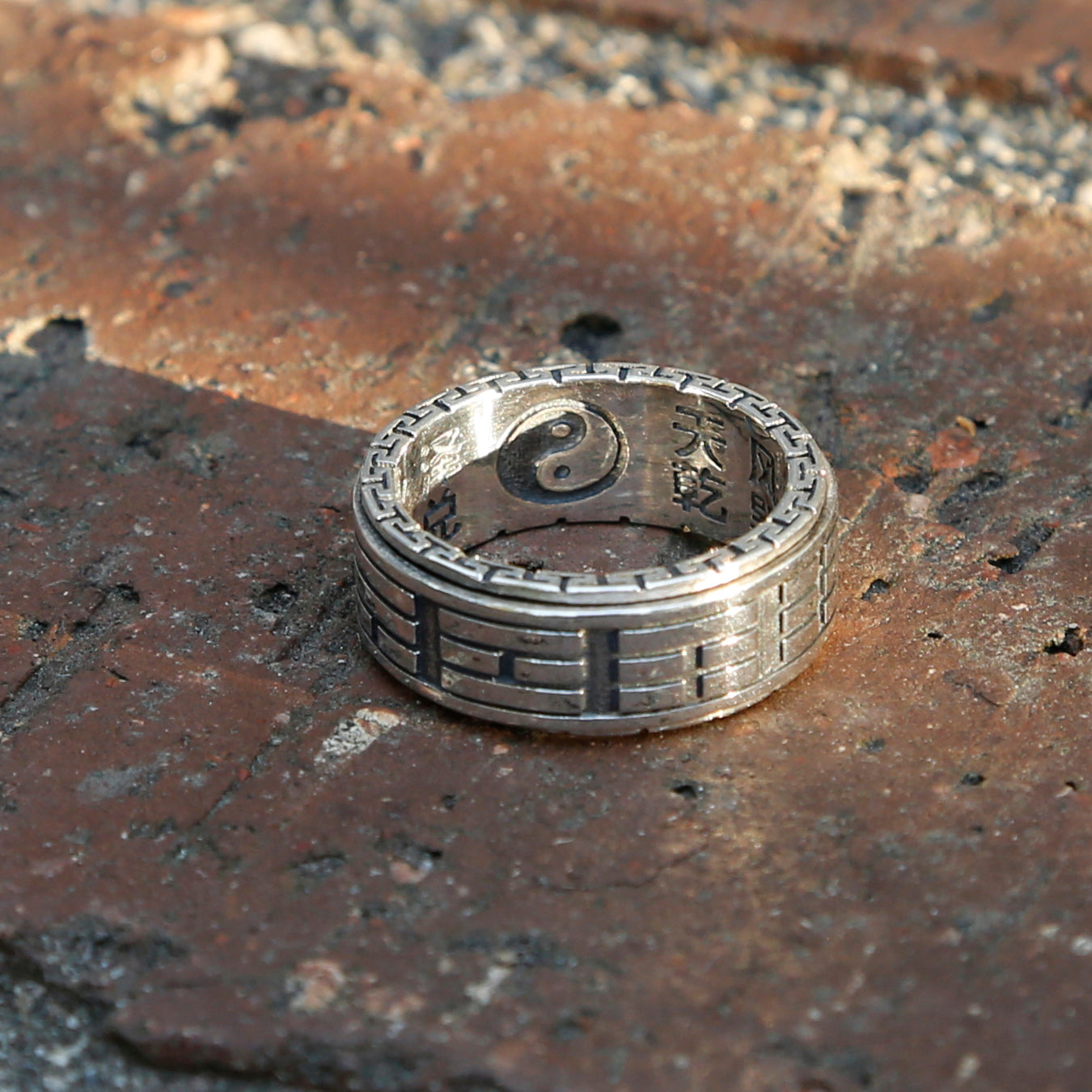 Yin Yang Sterling Silver Mens Spinner Ring, Chinese Taoist Ba Gua Meditation Ring.