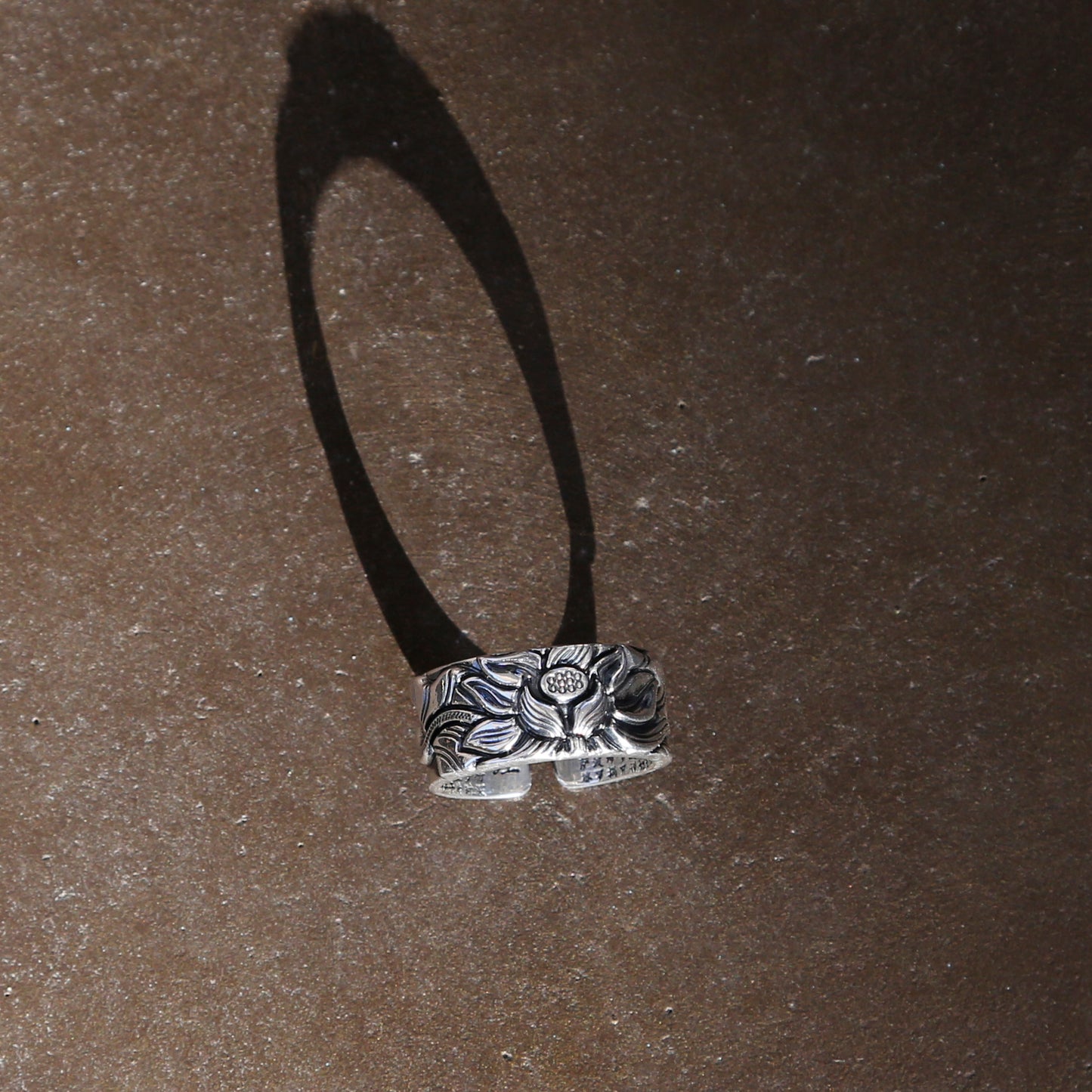 Embossed Lotus with Buddhist Sutra Adjustable Sterling Silver Ring, Tibetan Buddhist Ring, Meditation Ring - ZentralDesigns