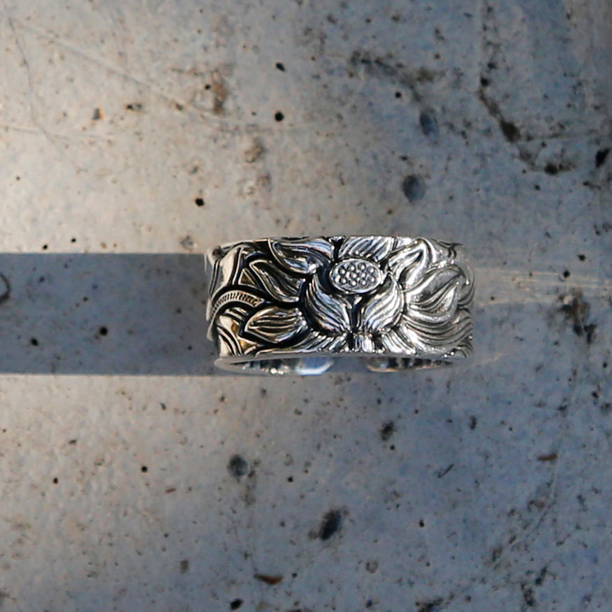 Embossed Lotus with Buddhist Sutra Adjustable Sterling Silver Ring, Tibetan Buddhist Ring, Meditation Ring - ZentralDesigns