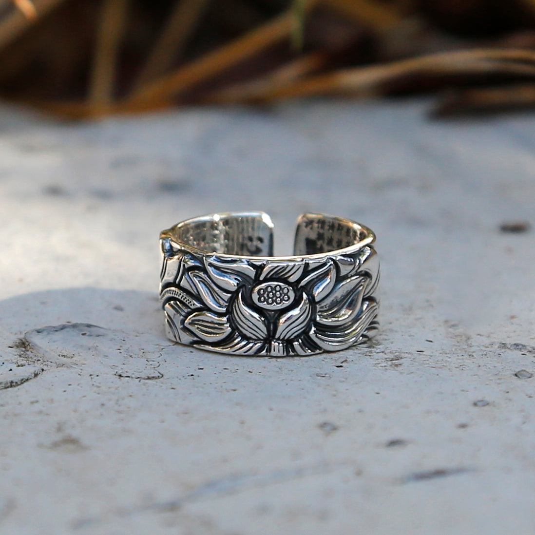 Embossed Lotus with Buddhist Sutra Adjustable Sterling Silver Ring, Tibetan Buddhist Ring, Meditation Ring - ZentralDesigns
