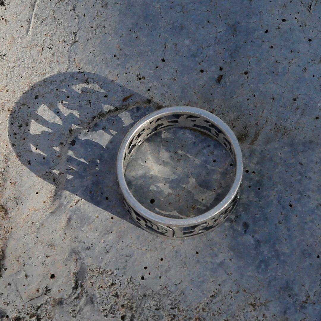 Hollowed-out Tibetan Buddhist Prayer Silver Ring, Buddhist Symbols Mens Ring - ZentralDesigns