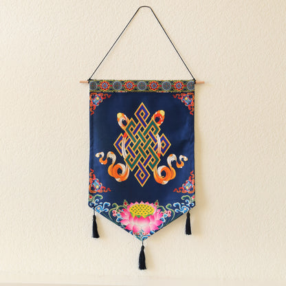Tibetan Buddhist Golden Wheel Wall Hanging Tassels Tapestry, 25"X16" Blue, Asian Chinese Indian Wall Art Home Décor