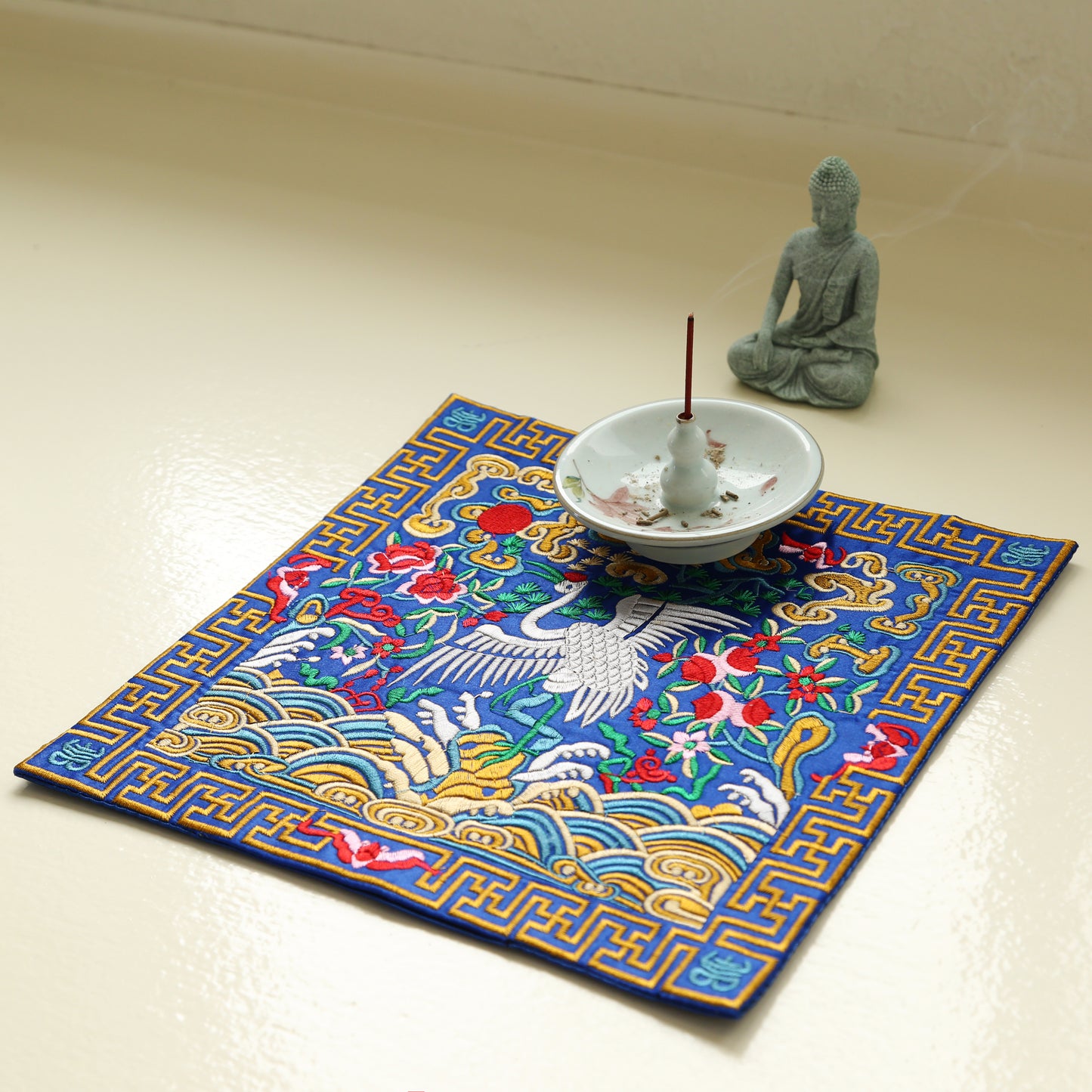 Chinese Japanese Crane Embroider Silk Brocade Shrine Table Cover Altar Cloth, 10.5”X10.5”, White/Blue/Red