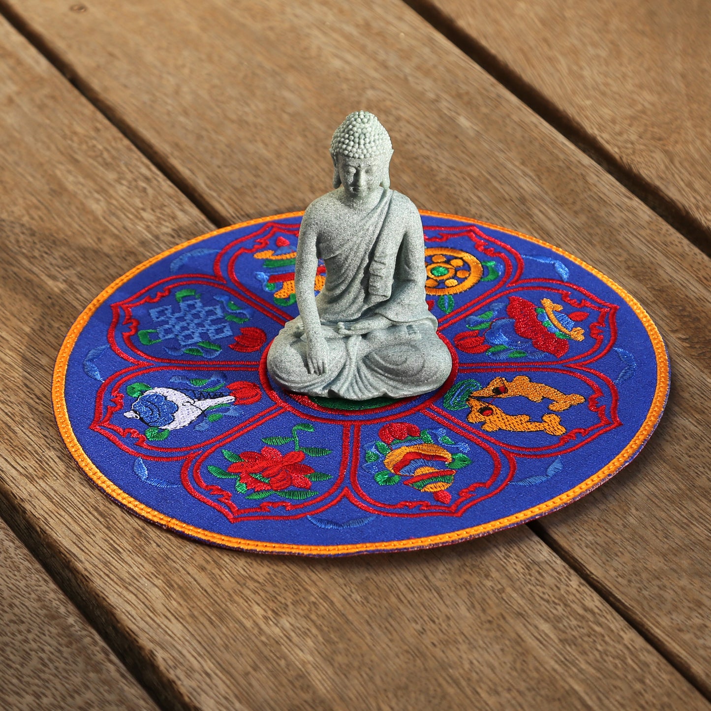 Round 8" Tibetan Buddhist Ashtamangala Silk Brocade Shrine Table Cover Altar Mat, Blue/Red