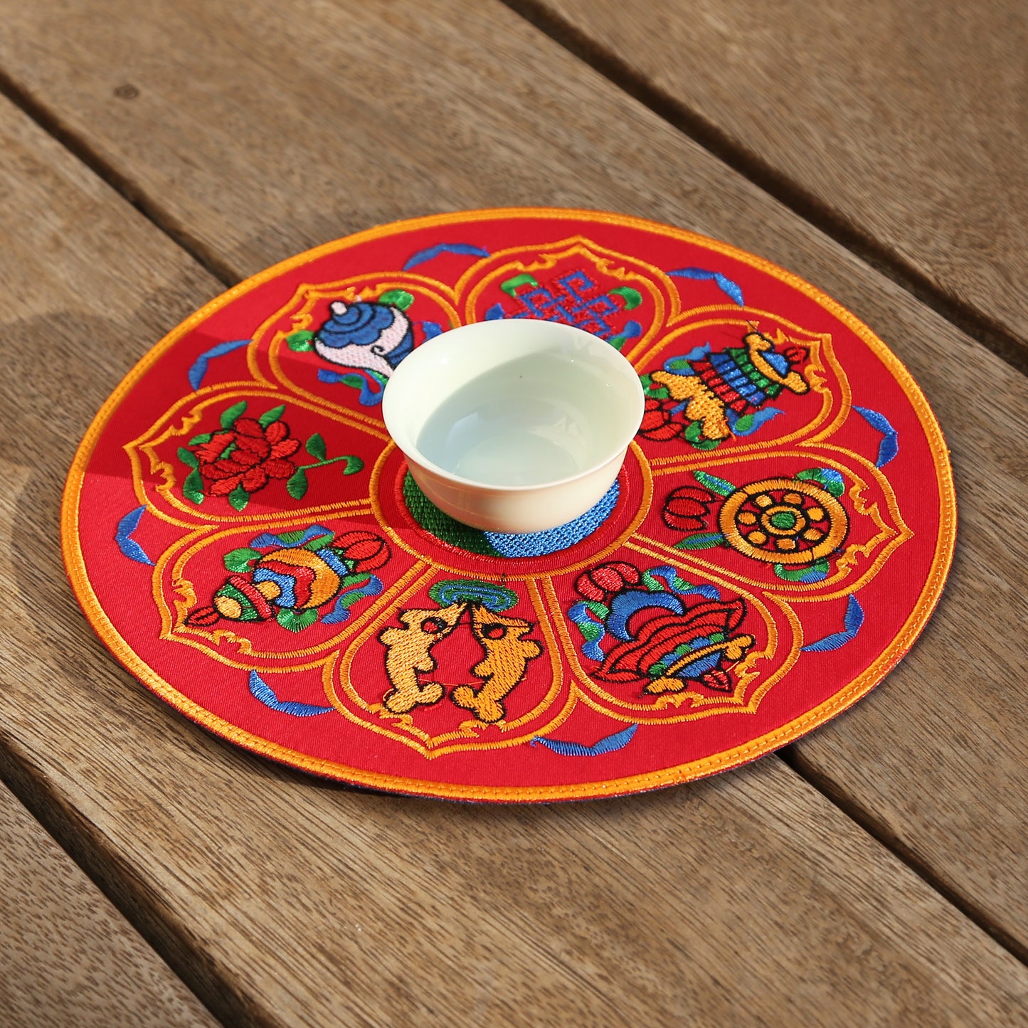 Round 8" Tibetan Buddhist Ashtamangala Silk Brocade Shrine Table Cover Altar Mat, Blue/Red