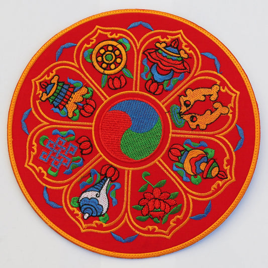 Round 8" Tibetan Buddhist Ashtamangala Silk Brocade Shrine Table Cover Altar Mat, Blue/Red