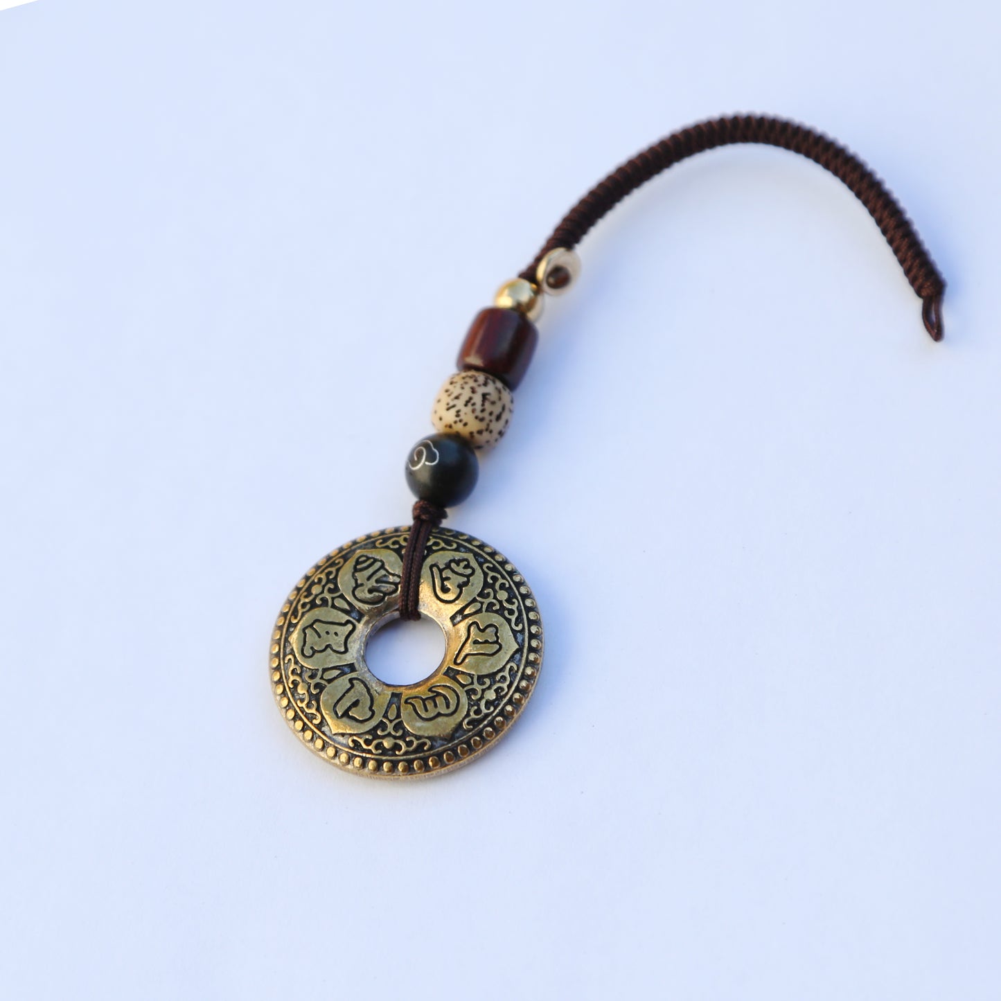Tibetan Om Prayer Brass Keychain Bag Charm, Car Mirror Ornament, Chinese Buddhist Lanyard (S)