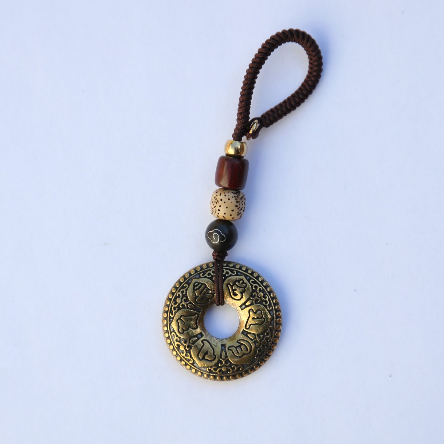 Tibetan Om Prayer Brass Keychain Bag Charm, Car Mirror Ornament, Chinese Buddhist Lanyard (S)