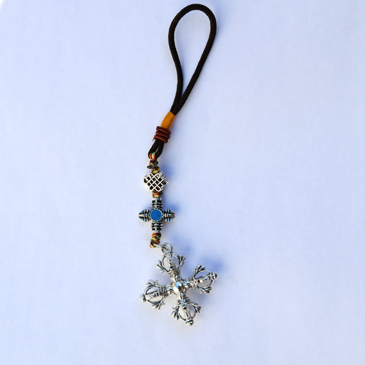 Tibetan Cross Vajra Keychain Bag Zipper Charm, Buddhist Car Mirror Charm, Chinese Feng Shui Lanyard (T)