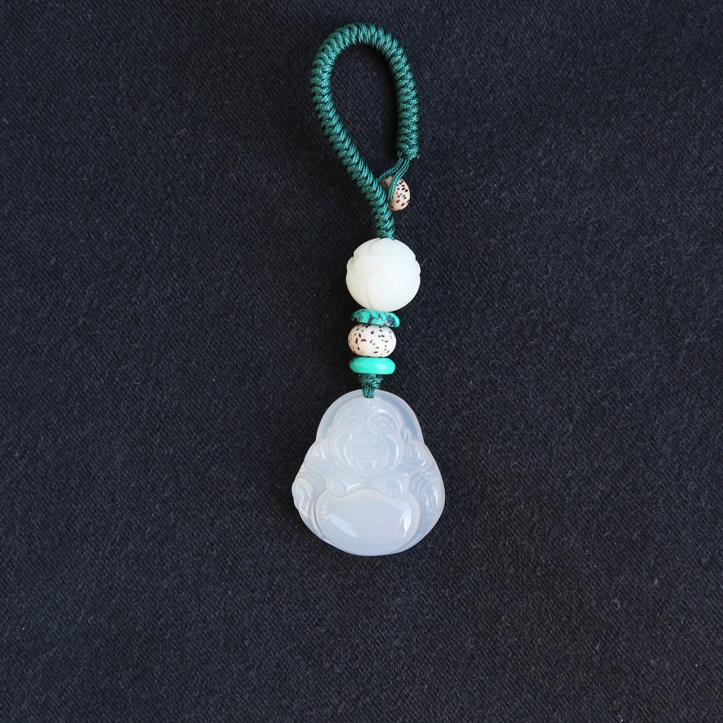 Carved Maitreya Buddha Keychain Lucky Bag Charm, White Jade-Look Resin Pendant Zipper Charm, Tibetan Buddhism Car Mirror Charm Lanyard (S)