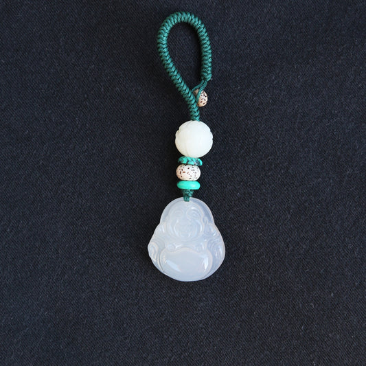 Carved Maitreya Buddha Keychain Lucky Bag Charm, White Jade-Look Resin Pendant Zipper Charm, Tibetan Buddhism Car Mirror Charm Lanyard (S)