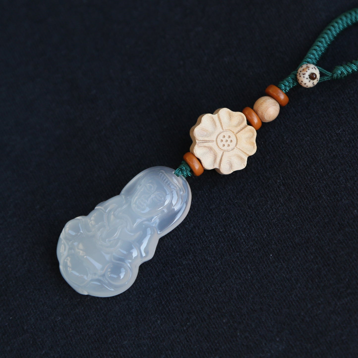 Carved Buddha Keychain Lucky Bag Charm Zipper Charm, White Jade-Look Resin Pendant, Tibetan Buddhism Car Mirror Charm Lanyard (S)