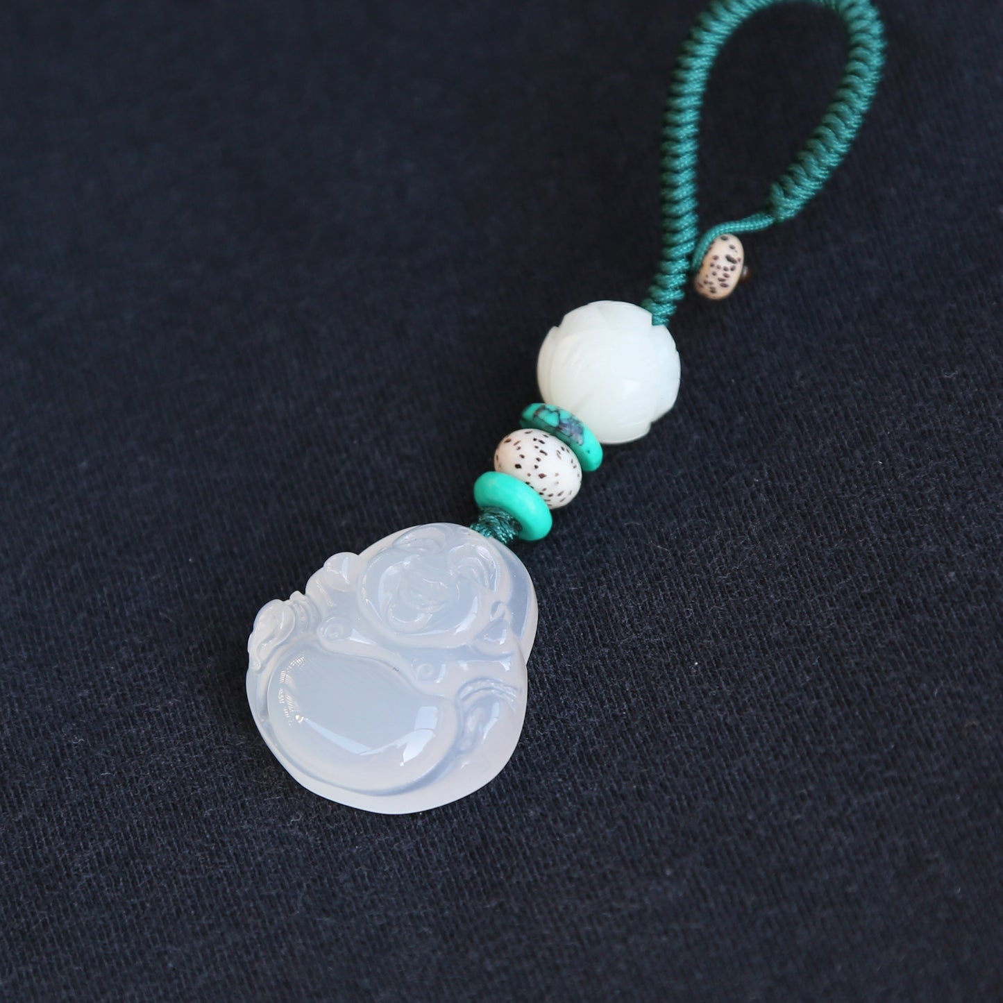 Carved Maitreya Buddha Keychain Lucky Bag Charm, White Jade-Look Resin Pendant Zipper Charm, Tibetan Buddhism Car Mirror Charm Lanyard (S)