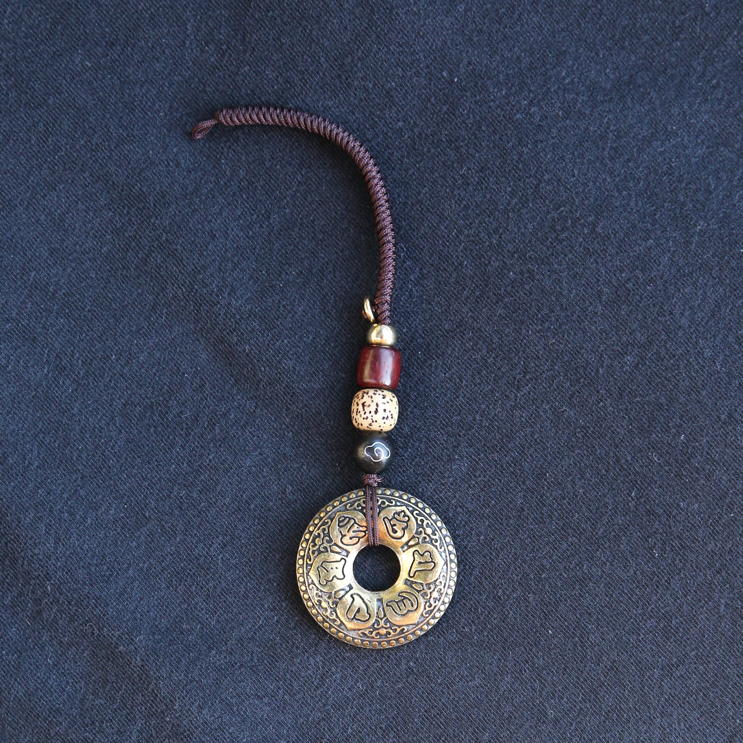 Tibetan Om Prayer Brass Keychain Bag Charm, Car Mirror Ornament, Chinese Buddhist Lanyard (S)