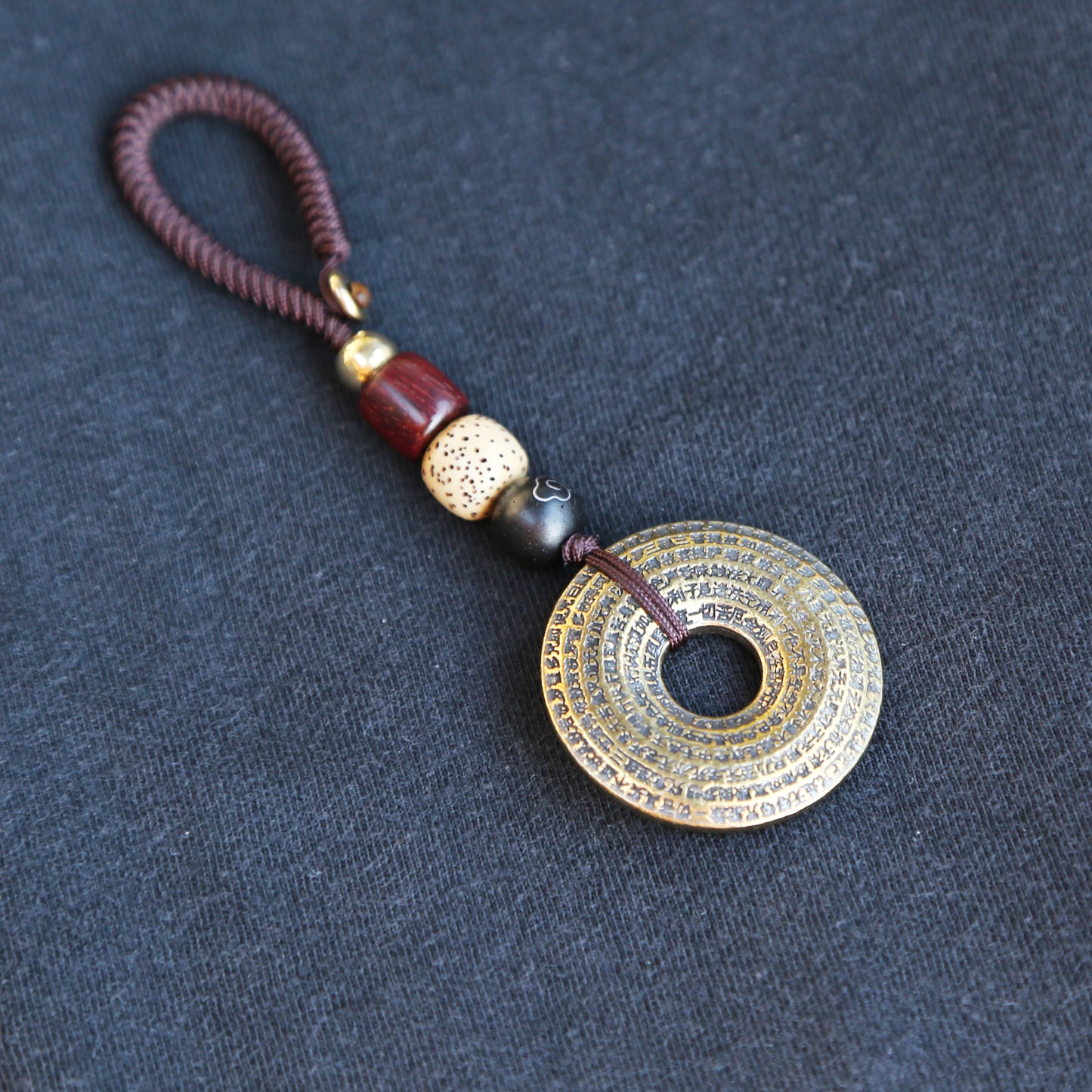 Tibetan Om Prayer Brass Keychain Bag Charm, Car Mirror Ornament, Chinese Buddhist Lanyard (S)