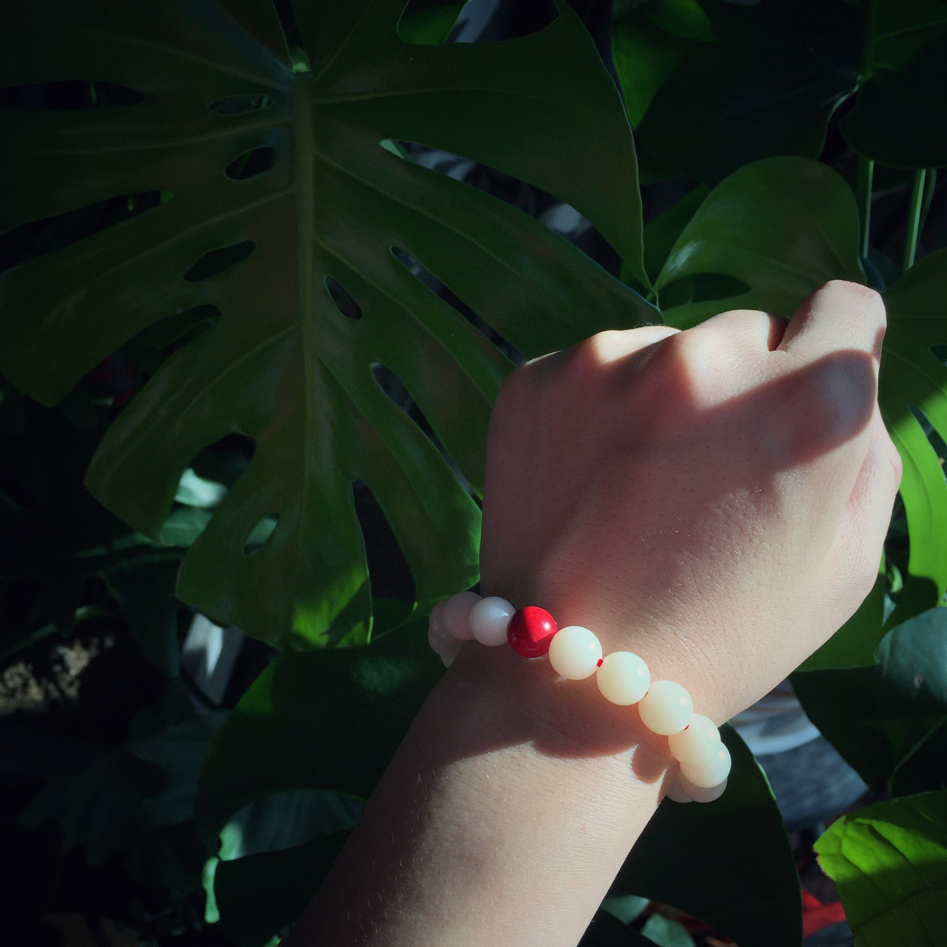 Creamy White Bodhi Seed Mala Bracelet with Red Cinnabar Bead.